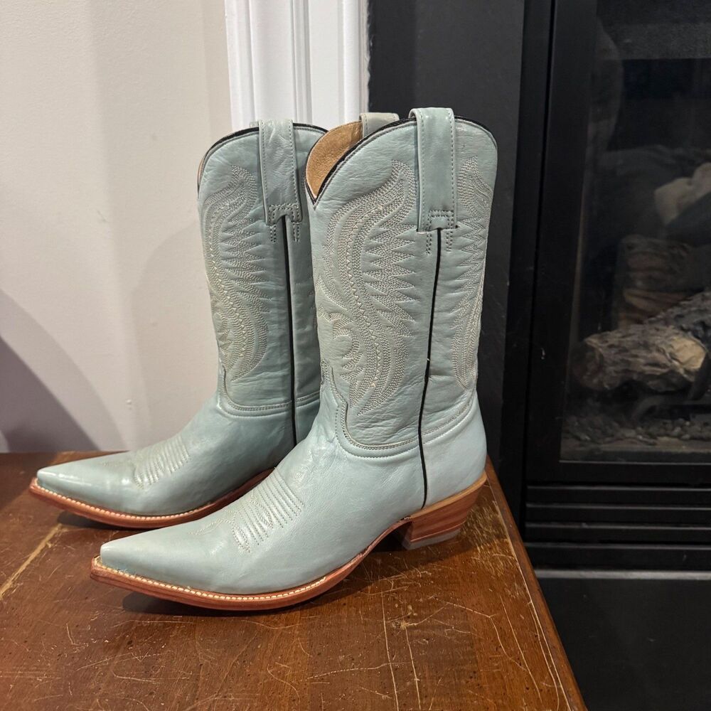 Rio Grande Leather Cowboy Girl Boots Women Sz 7 Light Blue Pointed Toe Slip-On